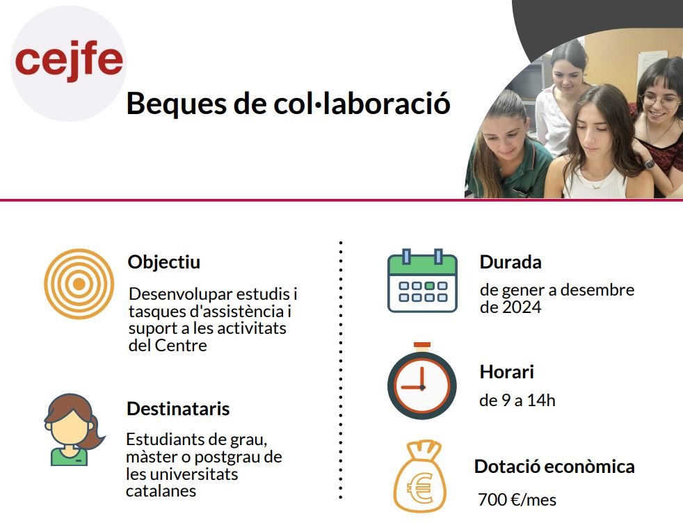 👉CEJFE convoca 16 beques de col·laboració  per a estudiants de grau, màster o posgrau durant el 2024.
📆 Termini per presentar les sol·licituds: 20 d'octubre
📌Més informació: acortar.link/Ry4Pet