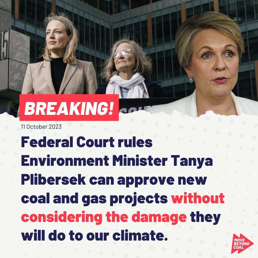 BREAKING: <a href="/Environmental/">environmental</a> Council of Queensland (ECoCEQ) and Environmental Justice Australia have lost their court challenge to Environment Minister Tanya Plibersek’s failure to act on the climate impacts of two huge coal projects.

SHAME.

#auspol #nonewcoal #LivingWonders