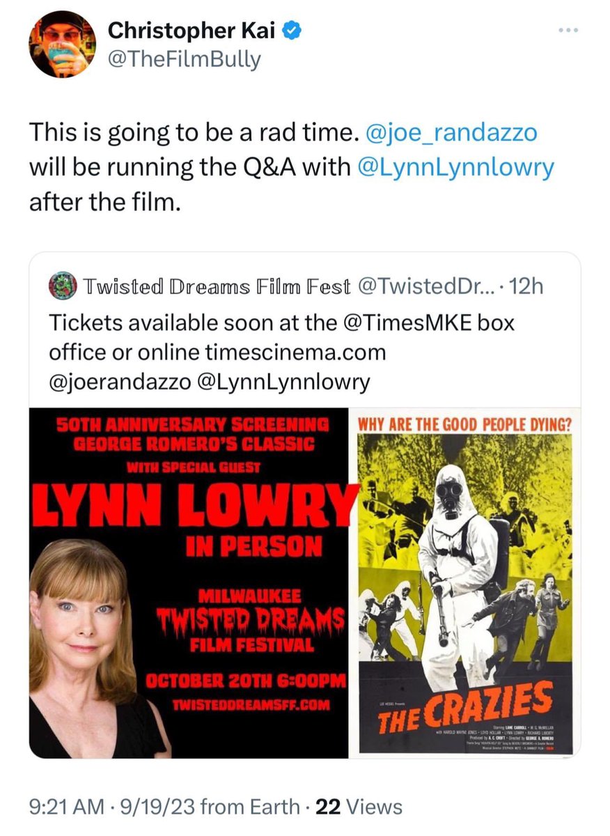 I won’t be tweeting along with #TheLastDriveIn next Friday because I’ll be running the Q&A w/ @LynnLynnlowry at @TwistedDreamsFF in #Milwaukee! If you’re in Milwaukee, check it out! @SetDarcyFree @JustinMartell12 @lmbodker @lloydkaufman @TheFilmBully @DerCryptaxis @badtechno