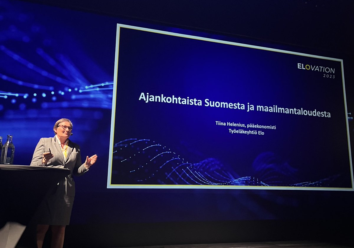 HeliElina's tweet photo. Miten Suomi pärjää maailman myllerryksessä? ”Olen nähnyt Suomen nousevan 90-luvun lamasta ja uskon, että kyllä Suomi pärjää nytkin”, kiteytti ⁦@EloTyoelake⁩ yhtiön pääekonomisti Tiina Helenius #elovation2023 tapahtumassa. #vastuullisuus #työkyky #elo https://t.co/4prwT6Dh1m