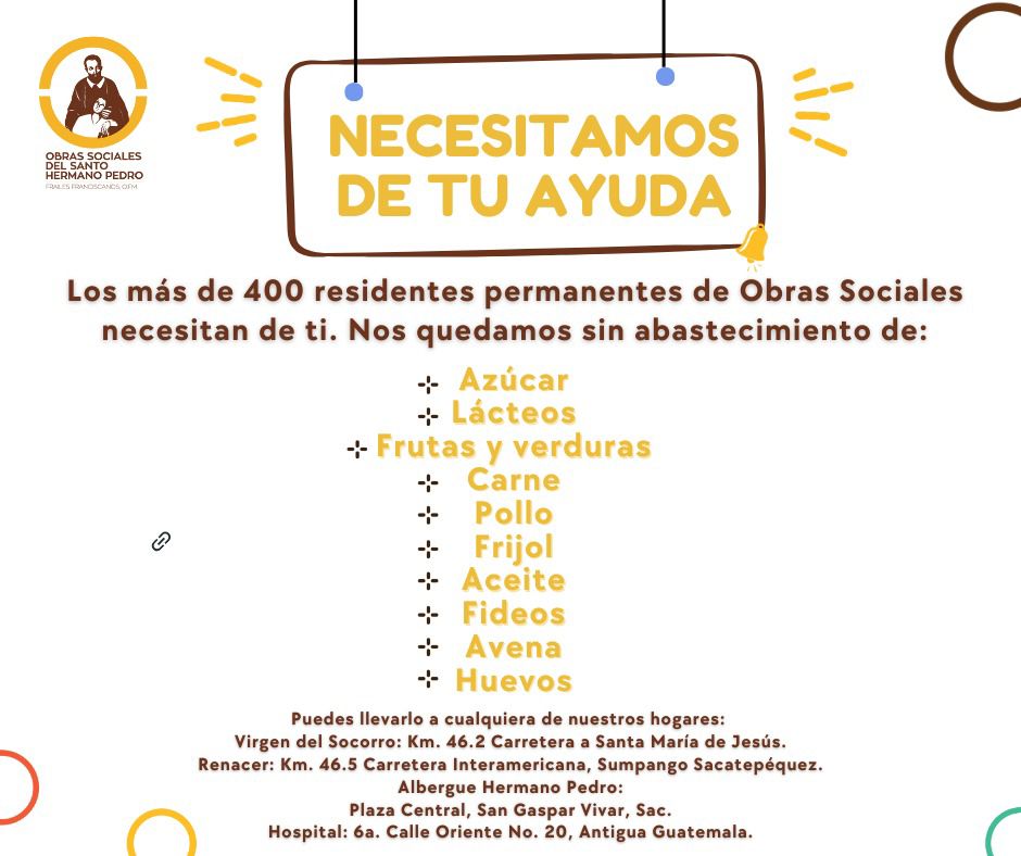 Las Obras Sociales del Hermano Pedro se quedaron sin abastecimiento de los siguientes productos. Toda ayuda es bienvenida. 

RT por favor