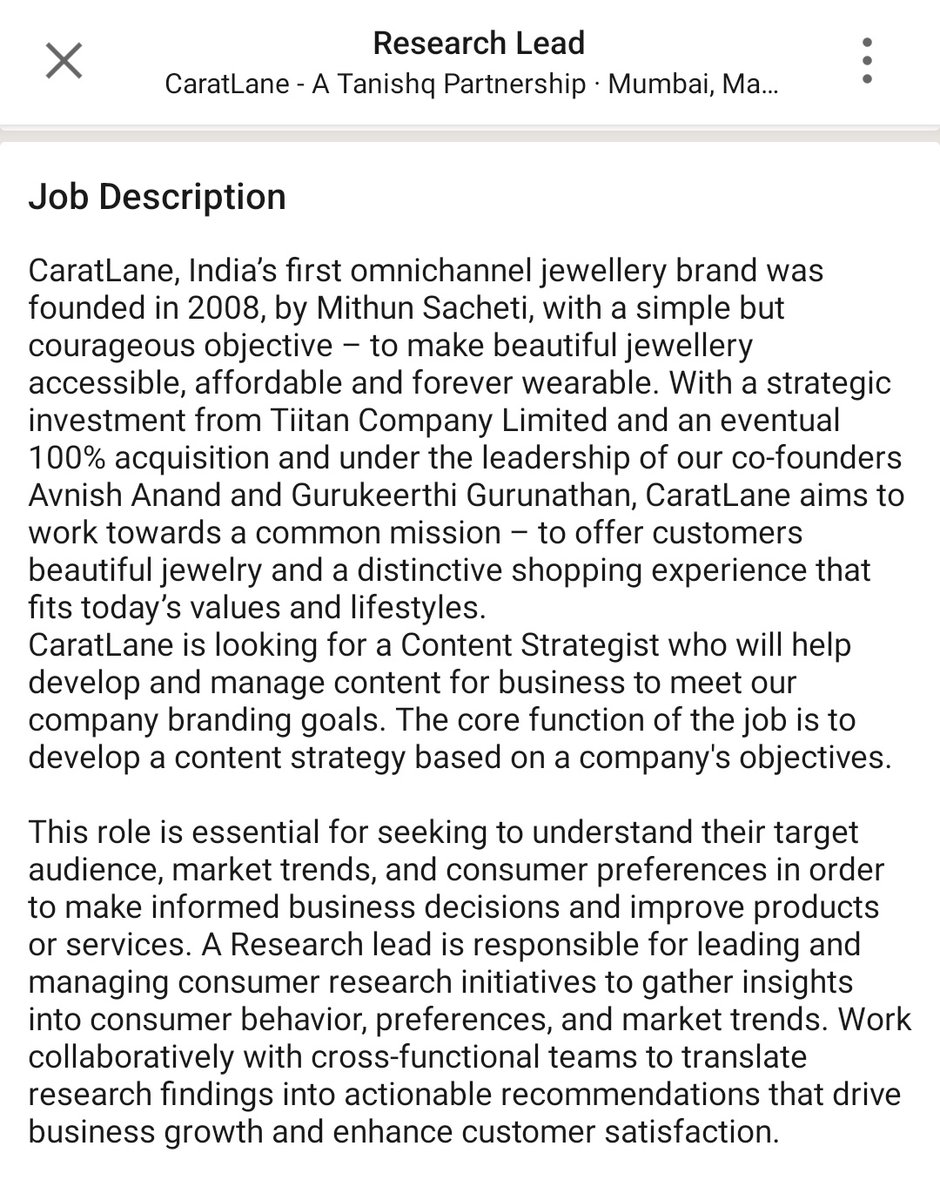 SunOfGan's tweet photo. We are #hiring for a Research Lead @CaratLane. 

Interested DM. Not interested RT pls ☺️ https://t.co/Ih2N2Fm2ot