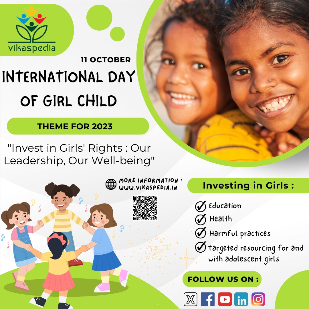 October 11 is celebrated as the International Day of the Girl Child, to recognize girls’ rights and the unique challenges girls face around the world.

Visit: vikaspedia.in/social-welfare…

#girlchildempowerment #girlsrights #internationaldayofgirlchild #adolescentgirls #vikaspedia