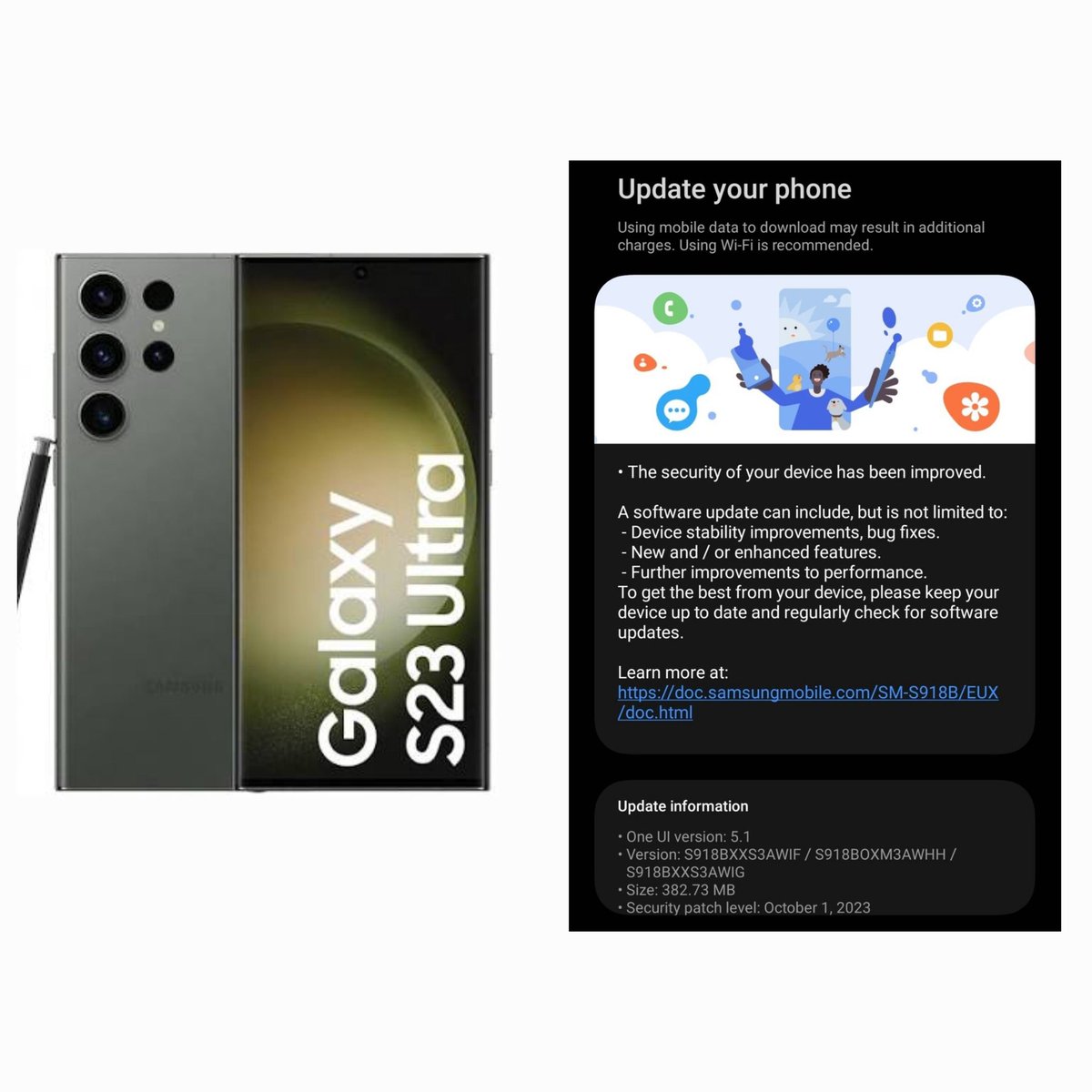 tarunvats33's tweet image. Breaking !! 

Galaxy S23 October update is live in Europe (EUX)

Build: S918BXXS3AWIF/S918B0XM3AWHH/S918BXXS3AWIG 
Size: 350 MB
 
#GalaxyS23Ultra
#GalaxyS23
#OneUI5