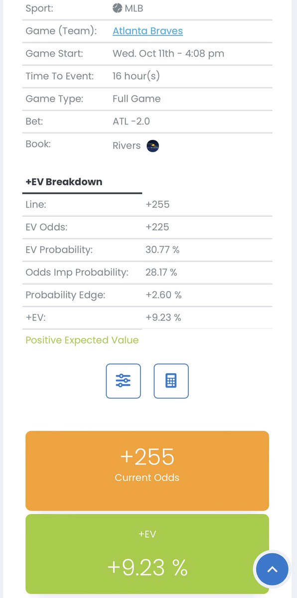 SB_Intel's tweet image. Huge +EV on this one.

In tomorrow’s Braves/Phillies game, the Braves alt run line of -2 at +255 on BetRivers is a massive 9% +EV to the fair value line of +225. For comparison, the same alt run line is +205 on DraftKings.

#sportsbetting #plusEV #positiveEV #MLB #Postseason