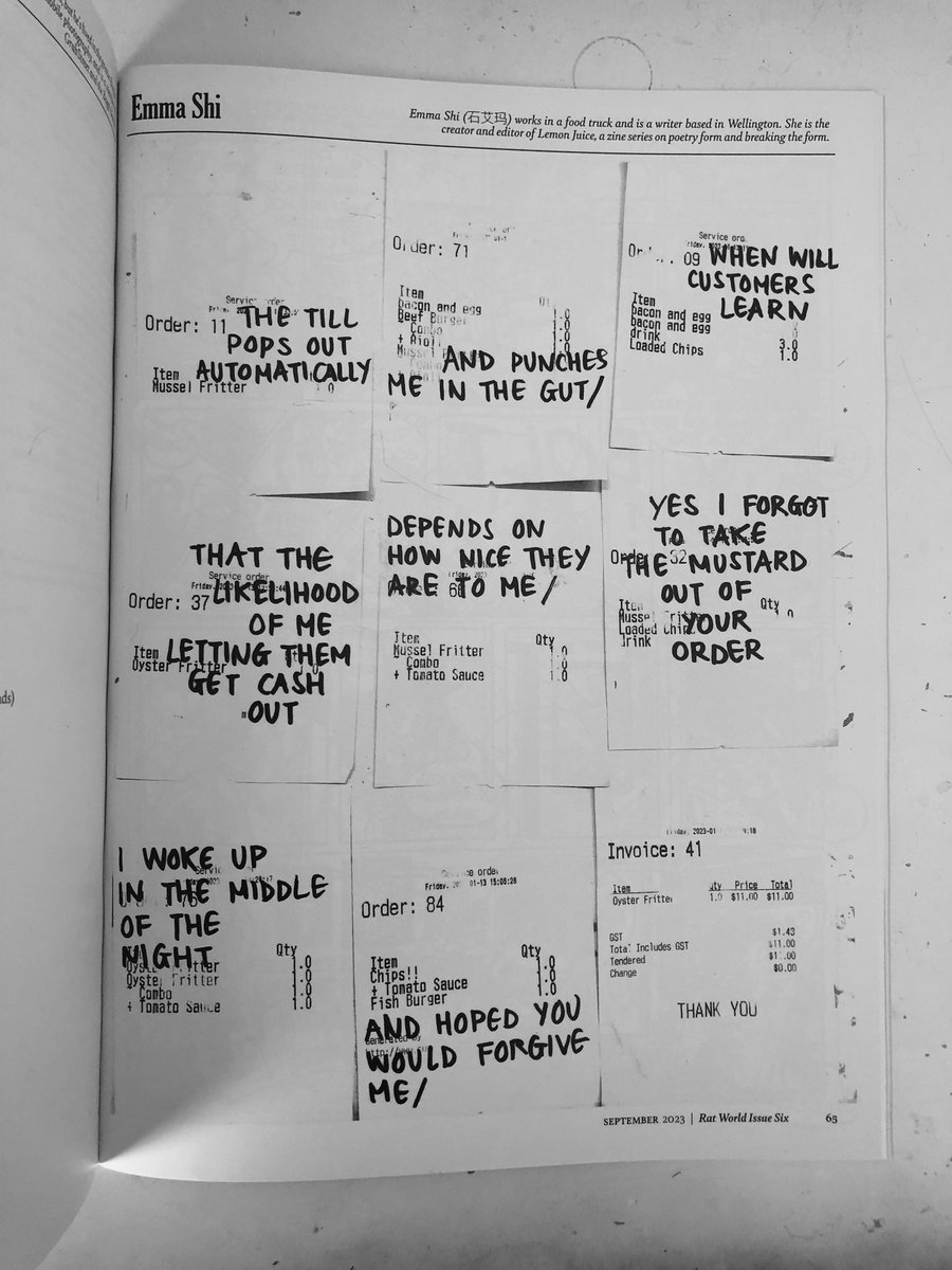 Excited to have a new poem in the new issue of <a href="/ratworldmag/">Rat World Magazine</a>! 🥰🐀 This poem was made by writing over order tickets from work… customers say the darndest things to me but I still love them (mostly). This poem is also inspired by <a href="/deathbypdf/">🇵🇸💞✨ secret third gender ✨💞🇵🇸</a>, the coolest visual artist x poet! 🧚‍♀️❤️