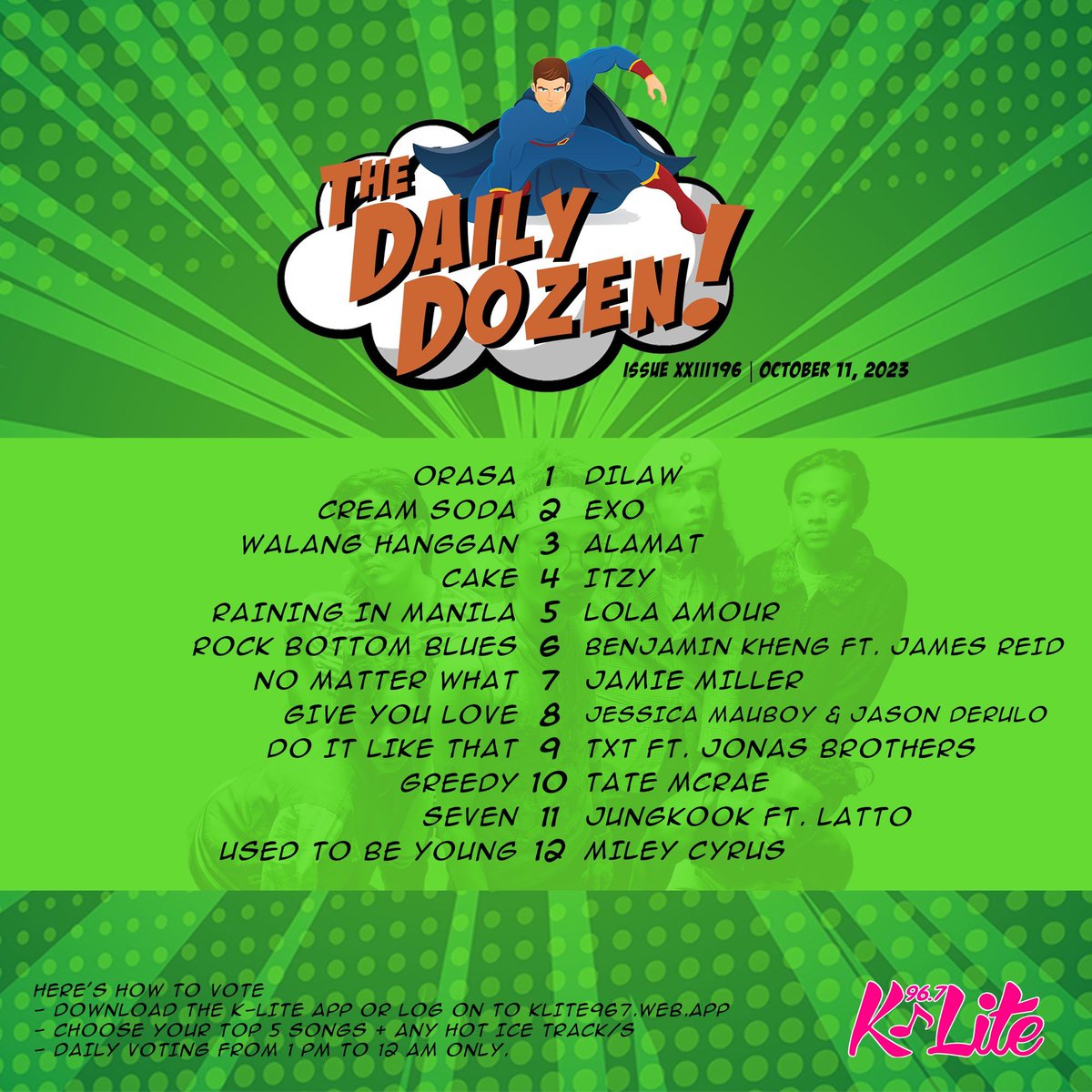 klite967fm's tweet photo. Dilaw does it again! "ORASA" claims the top spot as the new #1 track of the day on #TheDailyDozen! 🌟🎶 https://t.co/dZZtYnNlJp