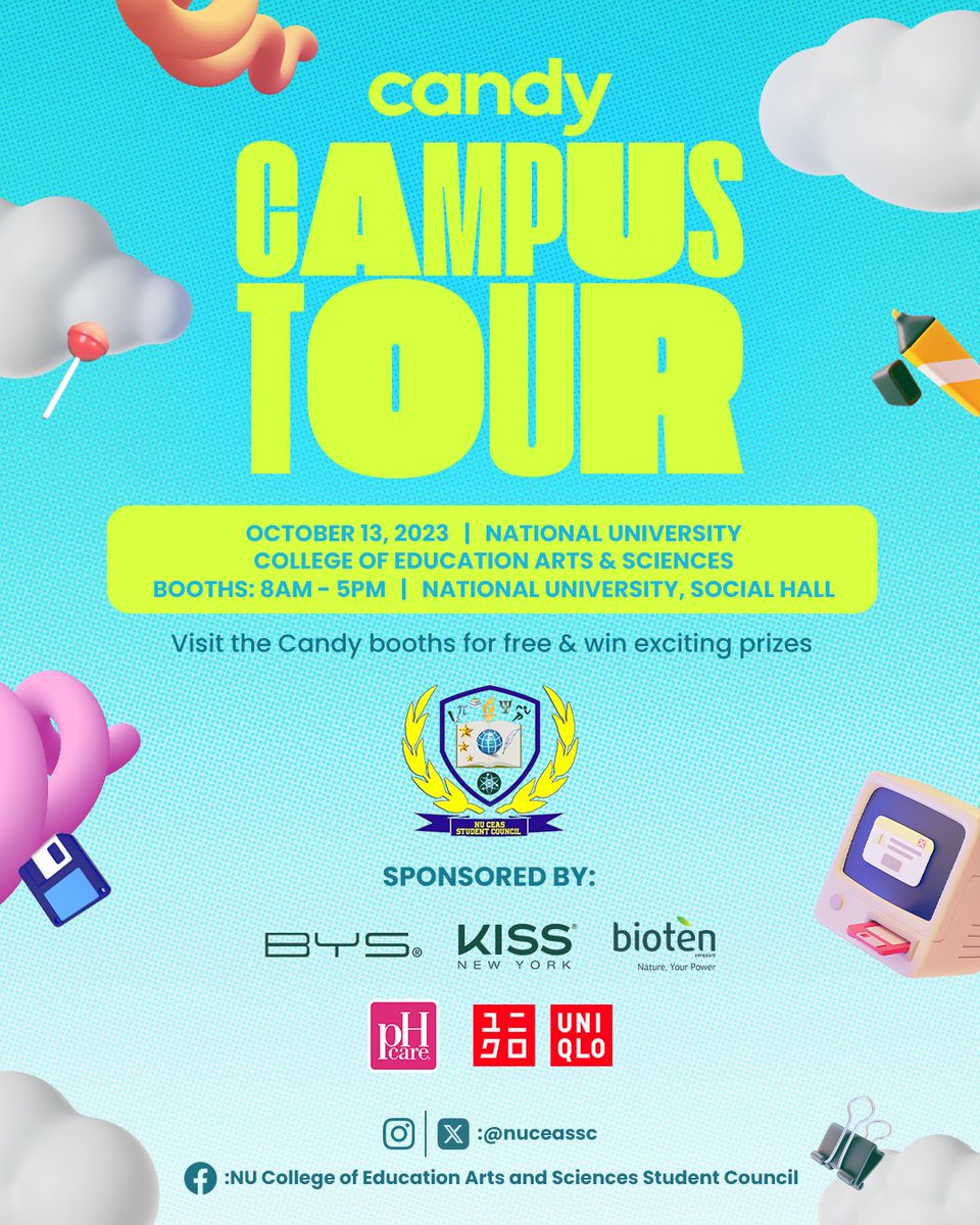nuceassc's tweet photo. It's true! ▓ The #Candy CampusTour2023 is coming to National University in partnership with @nuceassc this October 13, from 8AM-5PM! Drop by and get exclusive freebies from Candy, BYS, and more! https://t.co/NUUFeobJa2