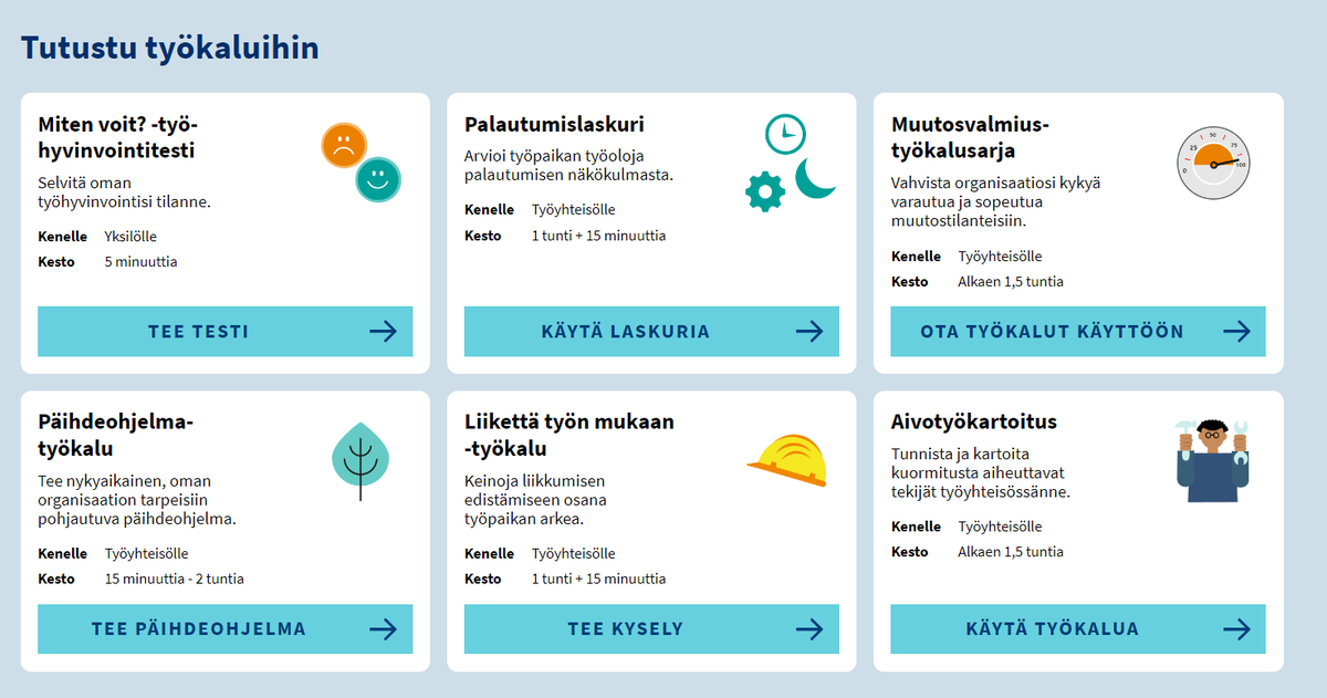 Nämä Mielenterveyden työkalupakin maksuttomat työkalut ovat siis ihan kaikkien käytössä💎
Löytyvät osoitteesta hyvatyo.ttl.fi/mielenterveyde…
#mielenterveys <a href="/tyoterveys/">Työterveyslaitos</a>