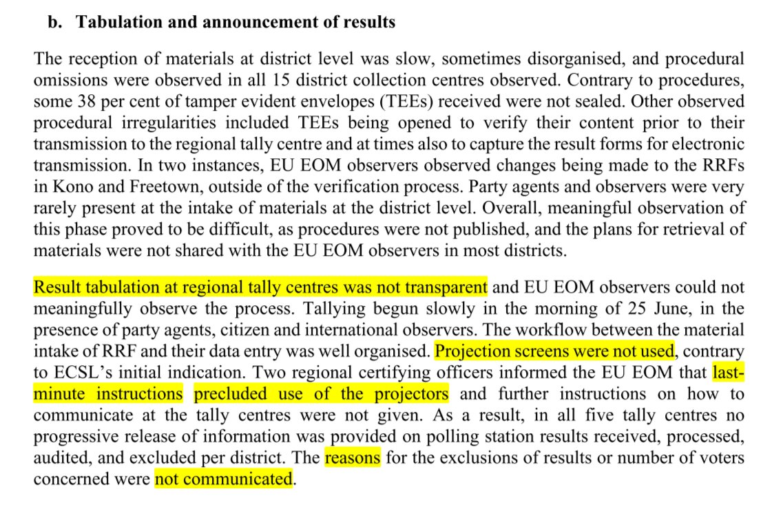 sim_prim's tweet photo. The 🇪🇺 EU Observation Mission's final report on 🇸🇱#SierraLeoneDecides2023 is cautious, avoiding a firm verdict. Still, it clearly highlights election manipulation during the results tabulation. Below are screenshots the key passages from pages 38f.

#eueom #eu #eom #sierraleone https://t.co/ogtS0PSl26