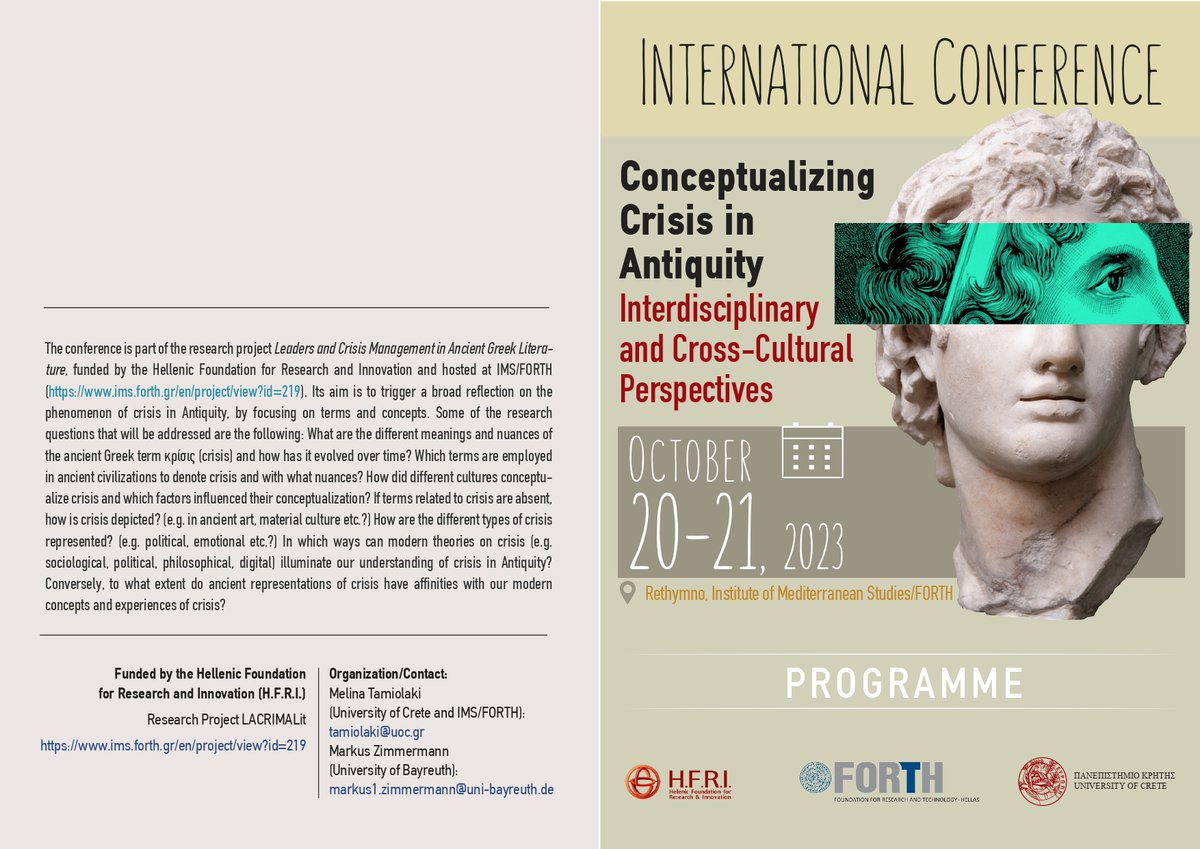 The conference is part of the research project Leaders and Crisis Management in Ancient Greek Literature, funded by the Hellenic Foundation for Research and Innovation and hosted at IMS/FORTH.
ims.forth.gr/en/news-item/v…