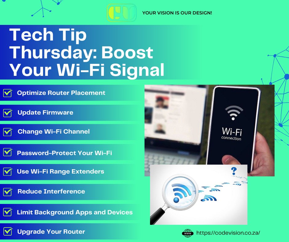 codevisionrsa's tweet image. Tech Tip Thursday: Boost Your Wi-Fi Signal
Is your Wi-Fi signal causing frustration by being weak or unreliable? 🕵️♂️ 🔎
Here's a simple tech tip to help boost your Wi-Fi signal strength and enhance your browsing experience.
#CodeVision #TechTipThursday #FirmwareUpdate #WiFiHacks