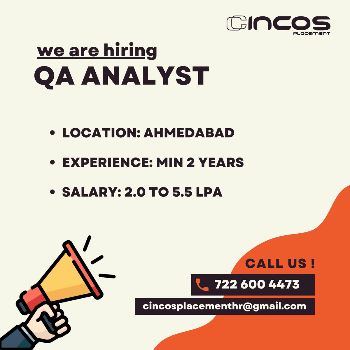 cincosplacement's tweet image. Elevate your career as a QA Analyst with the Best Staffing Services Company in Ahmedabad.
Contact Us
Phone : +91 7226004473
#QualityAssurance #AhmedabadJobs #CodeChecker #BestJobPlacementInAhmedabad #PlacementConsultantInAhmedabad #JobOpportunities