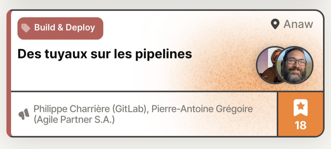 zepag's tweet image. Vous êtes à @DevoxxMA ce matin? Venez nous rejoindre @k33g_org et moi-même en salle Anaw de 9h à 11h pour parler de pipelines CI/CD dans les grandes largeurs !
#devoxxma2023