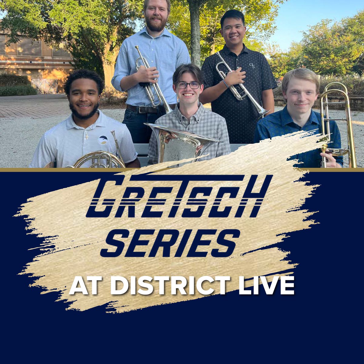 fredgretsch's tweet photo. don't miss @georgiasouthern's avanté brass quintet. 1st #gretsch series performance, #districtlive, plant riverside district, downtown savannah, mon, 10/16, 7:30p. performance is free. #gretschschoolofmusic https://t.co/krHzzuAeB0