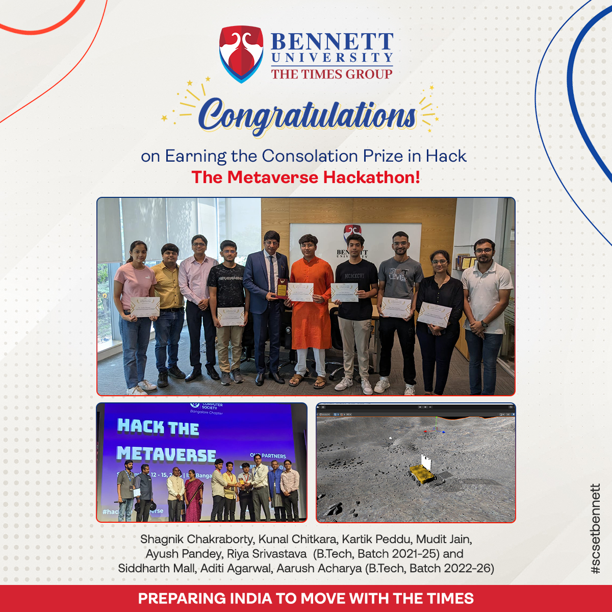 SCSETBennett's tweet photo. We’re proud to share that #bennettuniversity participated in the recent HackTheMetaverse hackathon held at IIIT Bangalore from September 12th to 15th, 2023. Our three exceptional teams showcased their innovation and dedication in the metaverse.

#bennettuniversity #BUAchievers https://t.co/EtACp4zd9P