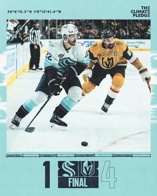 End of game graphic with an ice blue gradient background. The arena coordinates and The Climate Pledge logo are along the top of the graphic in blue lettering. An image of game action is overlayed in the center of the graphic. The opponent’s logo and Kraken logo are along the bottom of the graphic with final under them. The score was 4-1, Knights.