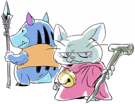 こねこまどう。なんて描いてみても元とあんま変わんないなあ。なんて思ったんですが、モンスターの子供たちで勇者パーティ組むとしたらオークは僧侶できそうな方がいいな?という思いつき。 