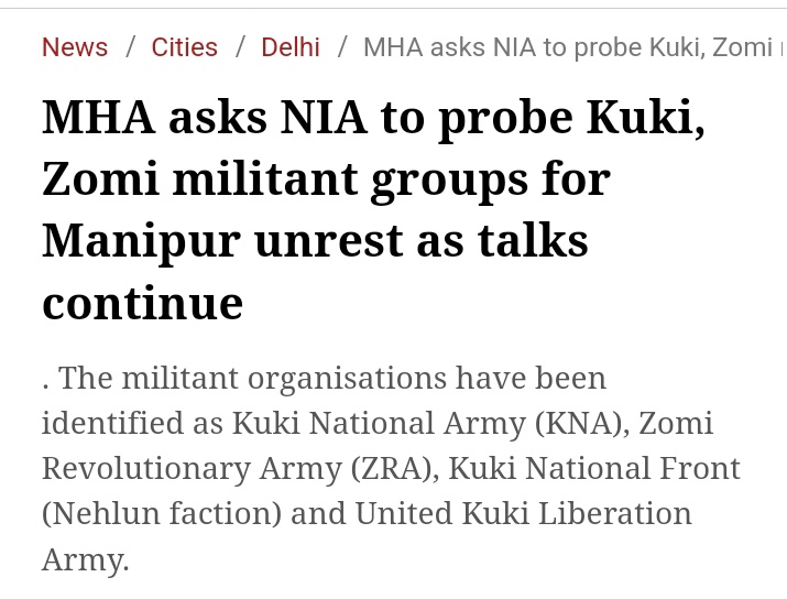 🚨 IMP NEWS: NIA investigating  #Kuki Militants for #Manipur crisis and carve out an independent state.

❗️The National Investigation Agency is probing  National Army (KNA), Zomi Revolutionary Army (ZRA) both under SOO and Kuki National Front (Nehlun faction) and United Kuki
