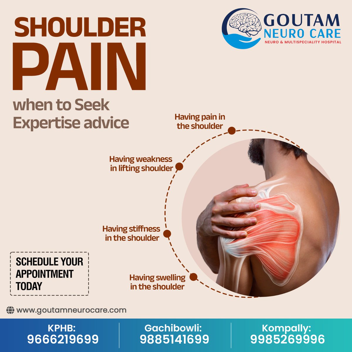 Experiencing persistent shoulder pain? It's time for an orthopedic consultation. Don't let discomfort hold you back any longer. Contact us today for expert care and relief.
#shoulderpain #Expert #advice #shoulderswelling #shoulderstiffness #painreleif #Goutamneurocare