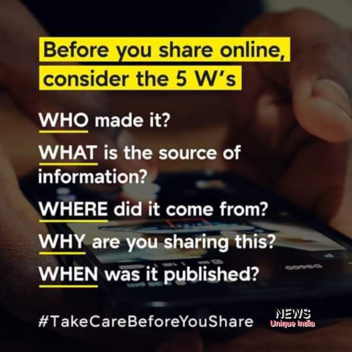 We are committed to tackling misinformation online and providing accurate, source-based information to spread the word that #Our_Work to save lives. You can help stop the spread of false rumours by making sure you verify the facts and #TakeCareBeforeYouShare
#NewsUniqueIndia