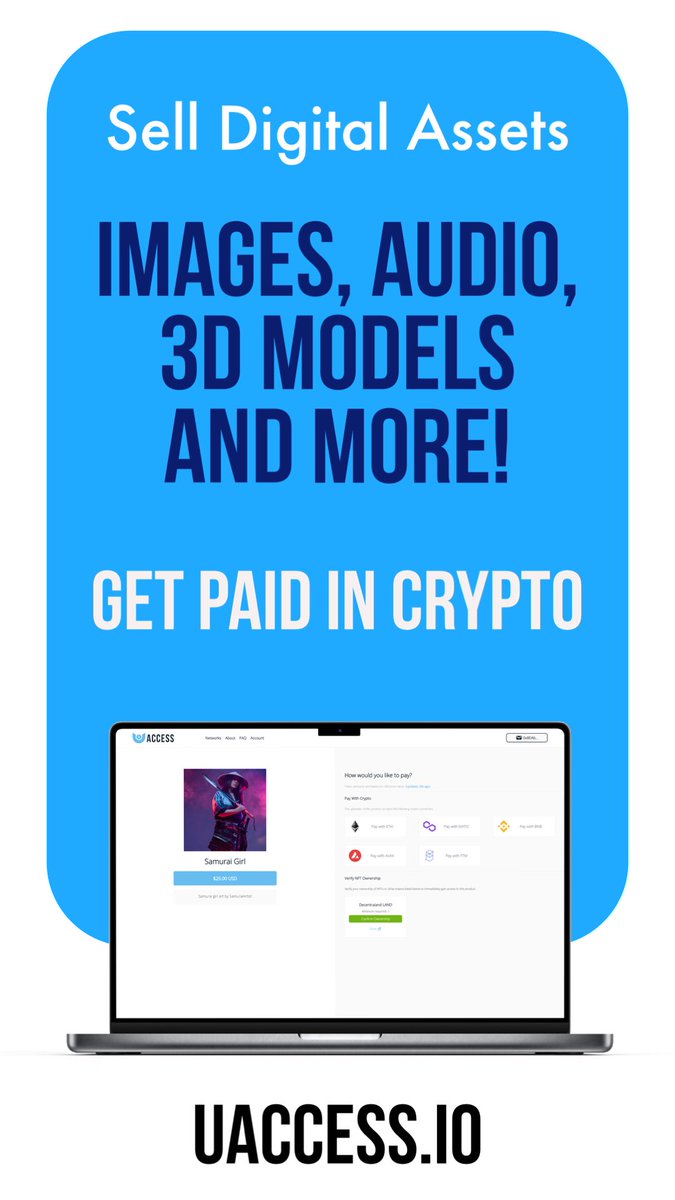 UAccessCrypto's tweet image. If you’re as digital artist, game designer, or #onlyfansmodel
You can easily sell digital assets for crypto on our new web3 app UAccess

#Bitcoin #cryptocurrency #web3 #gamedev #onlyfan #onlyfans #NFTArts #NFTCollection #NFT #artist