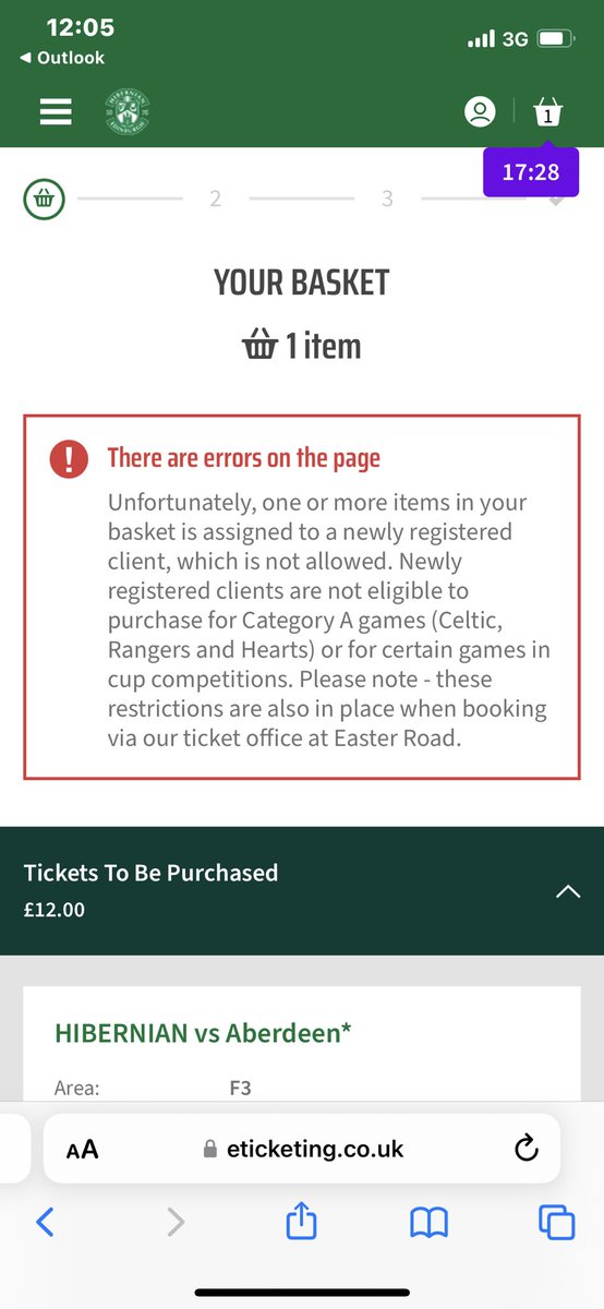 Kingpedro77's tweet photo. @HibernianFC trying to buy a ticket for Cup Semi as a season ticket holder but get this error . Can I check why ? https://t.co/nI1X6GFTHd