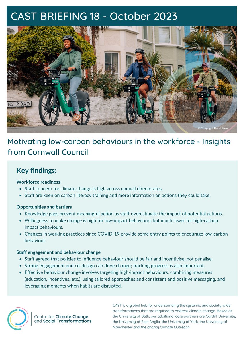 Our latest CAST briefing on motivating #lowcarbon behaviours in the workforce - based on our work with <a href="/CornwallCouncil/">@cornwallcouncil</a> - is now live on our website 🎉

Read the briefing: cast.ac.uk/wp-content/upl…