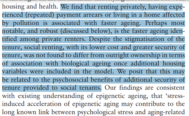 Fascinating paper showing that private renting - and the insecurity implicit in it - is associated with markers of faster biological ageing (& related health consequences). Interestingly, social renting is no different to outright ownership once other factors are accounted for.