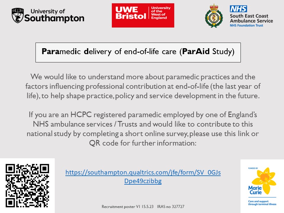 Our survey remains open: southampton.qualtrics.com/jfe/form/SV_0G…. It is being conducted across England to understand more about paramedic practice for individuals in the last year of life. If you are a registered paramedic we would really value hearing your views.