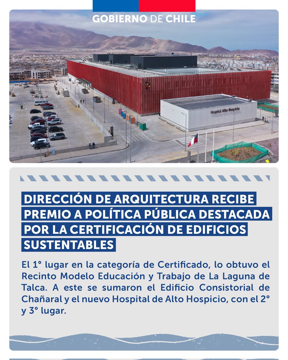 #MOPInforma
🏥 La Dirección de Arquitectura del #MOP (DA) recibió el premios CES.  Política Pública por la Certificación Edificio Sustentable.
➡️ Destacando en tercer lugar  el nuevo Hospital de Alto Hospicio.👏🏻👏🏻👏🏻 
#Tarapacá #AltoHospicio #Tamarugal