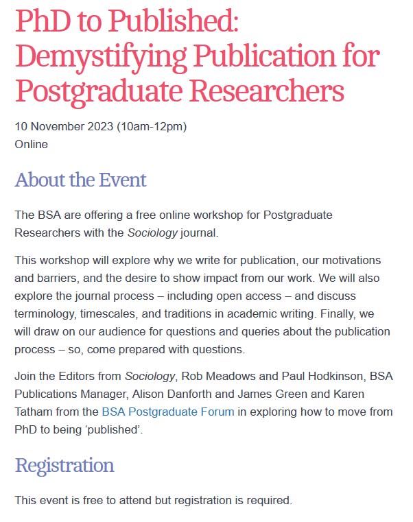 The BSA (@britsoci) on Twitter photo Book now for ‘PhD to Published: Demystifying Publication for Postgraduate Researchers’, a free online event on 10 November, given by editors from our <a href="/sociologyjnl/">Sociology Journal</a> among others. bit.ly/3Sc97j5 #Sociology Book now for ‘PhD to Published: Demystifying Publication for Postgraduate Researchers’, a free online event on 10 November, given by editors from our <a href="/sociologyjnl/">Sociology Journal</a> among others. bit.ly/3Sc97j5 #Sociology