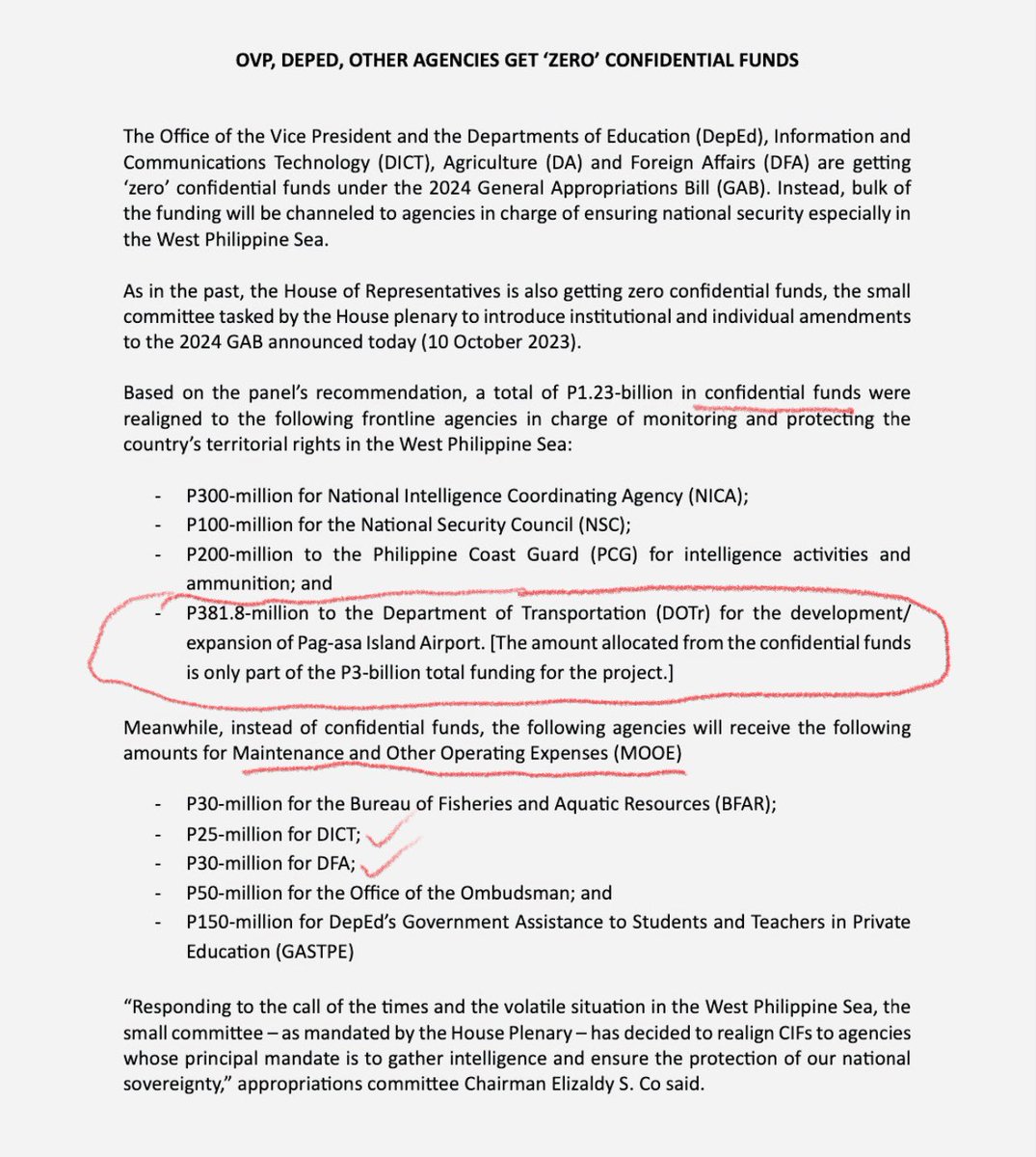 maltiq's tweet photo. This was the release of the HOR yesterday. Read it again, it is only the OVP and the DepEd that were defunded. Why? Because a portion of the the CIF of DICT, DFA and DA were realigned to MOOE, in the case of DA, it even got a boost of 64.5B. So, who was the object of the whole moro-moro?