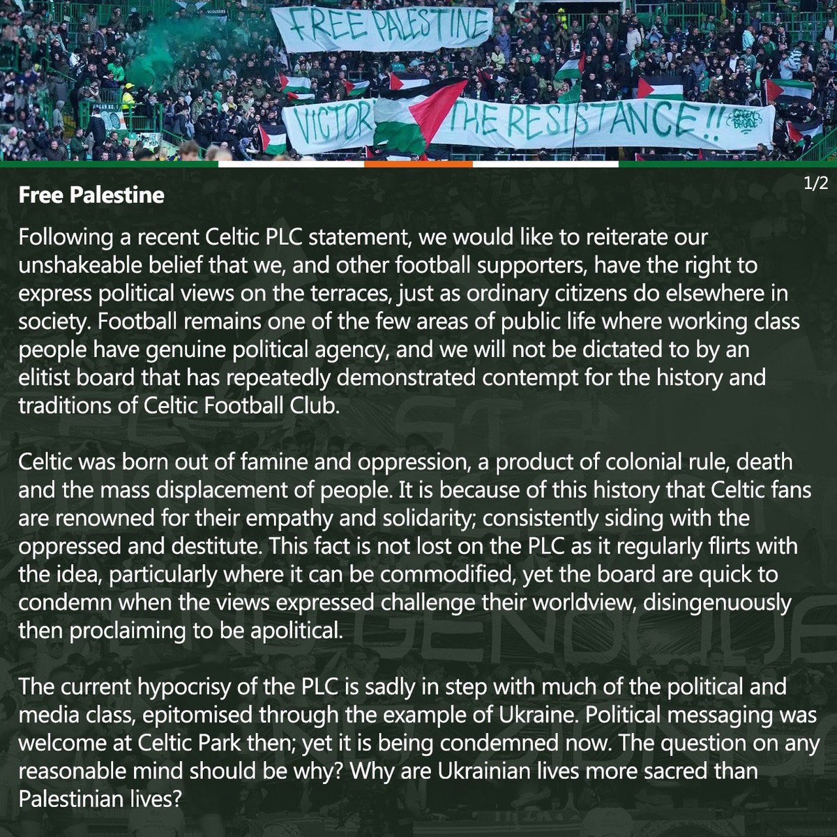 IbrahimKhadra's tweet photo. Green Brigade :
‘why are Ukrainian lives more sacred than Palestinian lives’‼️
Thank you #Celtic fans 🔝 https://t.co/sfhaUm0Bls