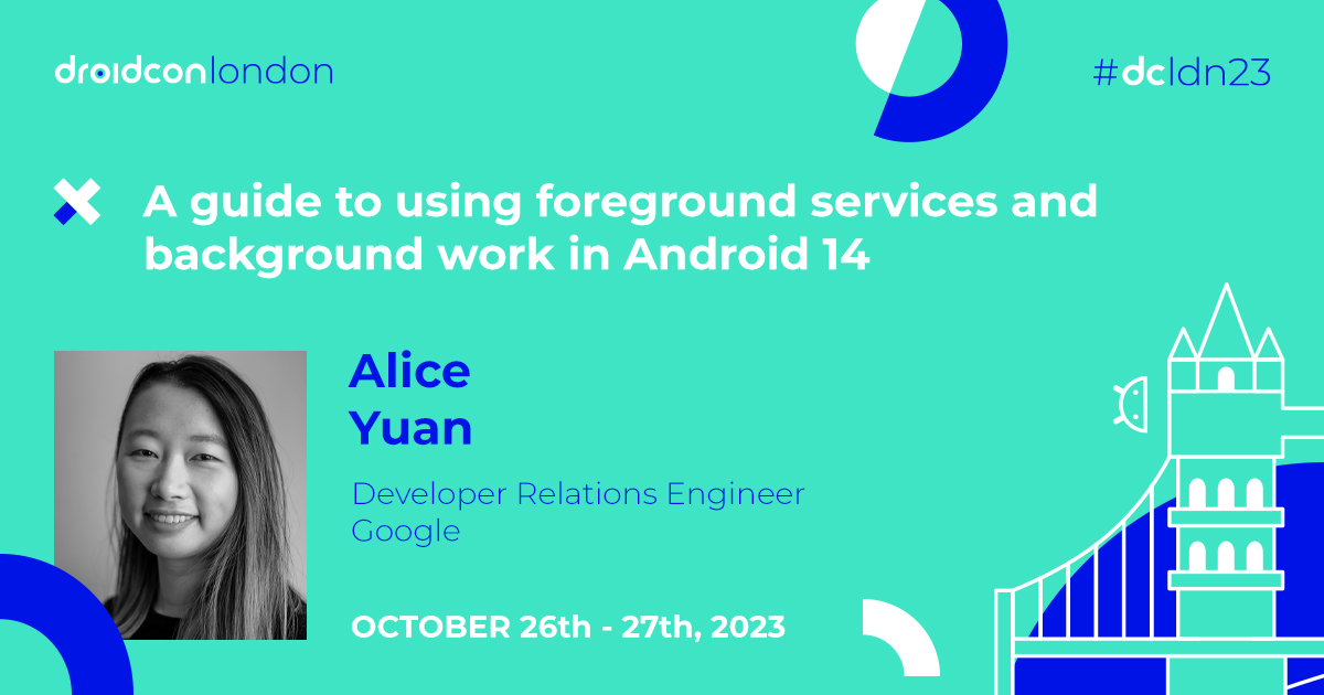 droidcon London (@droidconlondon) on Twitter photo Make sure to catch <a href="/Alice__Yuan/">Alice Yuan</a> at #dcldn23 🇬🇧
This talk is for you if you have felt confused about how to ensure your #app is kept alive to continue work after it's left the foreground. Learn about the many changes over the past few #Android releases.
london.droidcon.com/alice-yuan/ Make sure to catch <a href="/Alice__Yuan/">Alice Yuan</a> at #dcldn23 🇬🇧
This talk is for you if you have felt confused about how to ensure your #app is kept alive to continue work after it's left the foreground. Learn about the many changes over the past few #Android releases.
london.droidcon.com/alice-yuan/