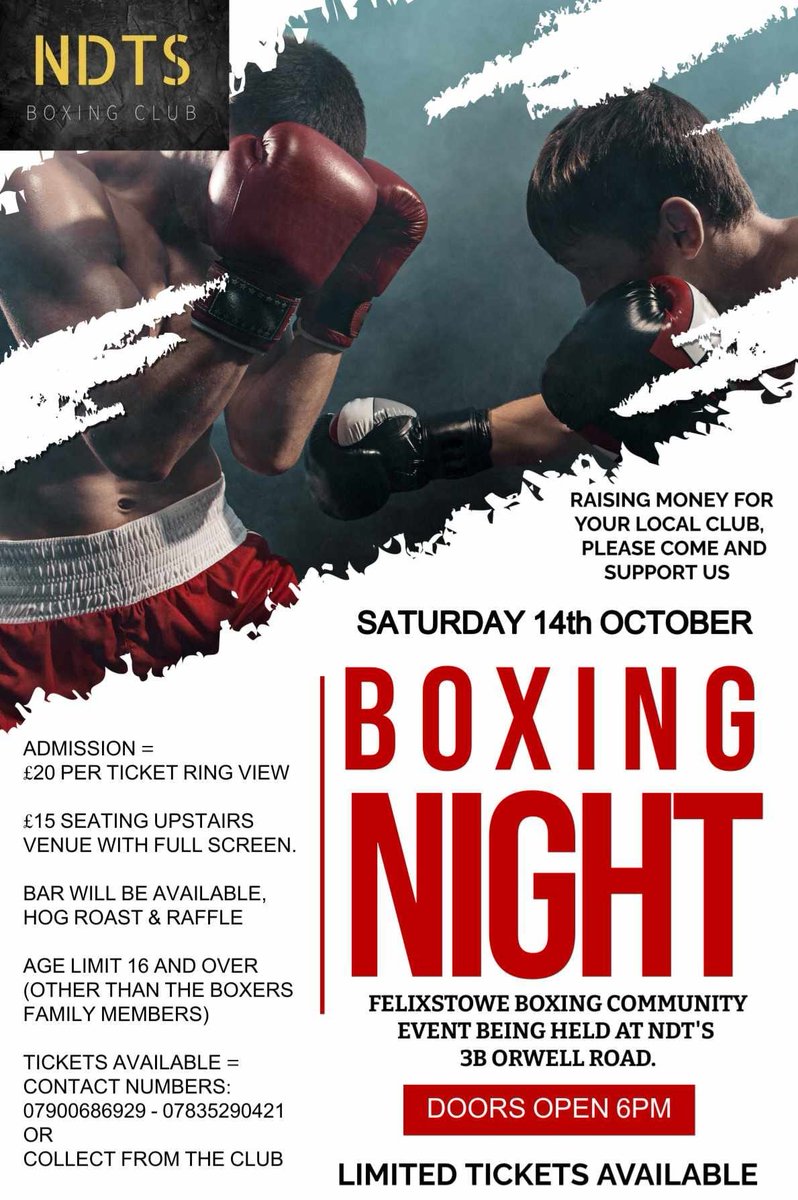🥊 Join us for an unforgettable night at the Charity Boxing Night! 📅 Oct 14, 6 PM 📍NDT's Felixstowe Boxing Club. Ringside view sold out, but they have £15 tickets, upstairs with a live view. Licensed bar, hog roast, and raffle. Let's support our local club and enjoy the action!