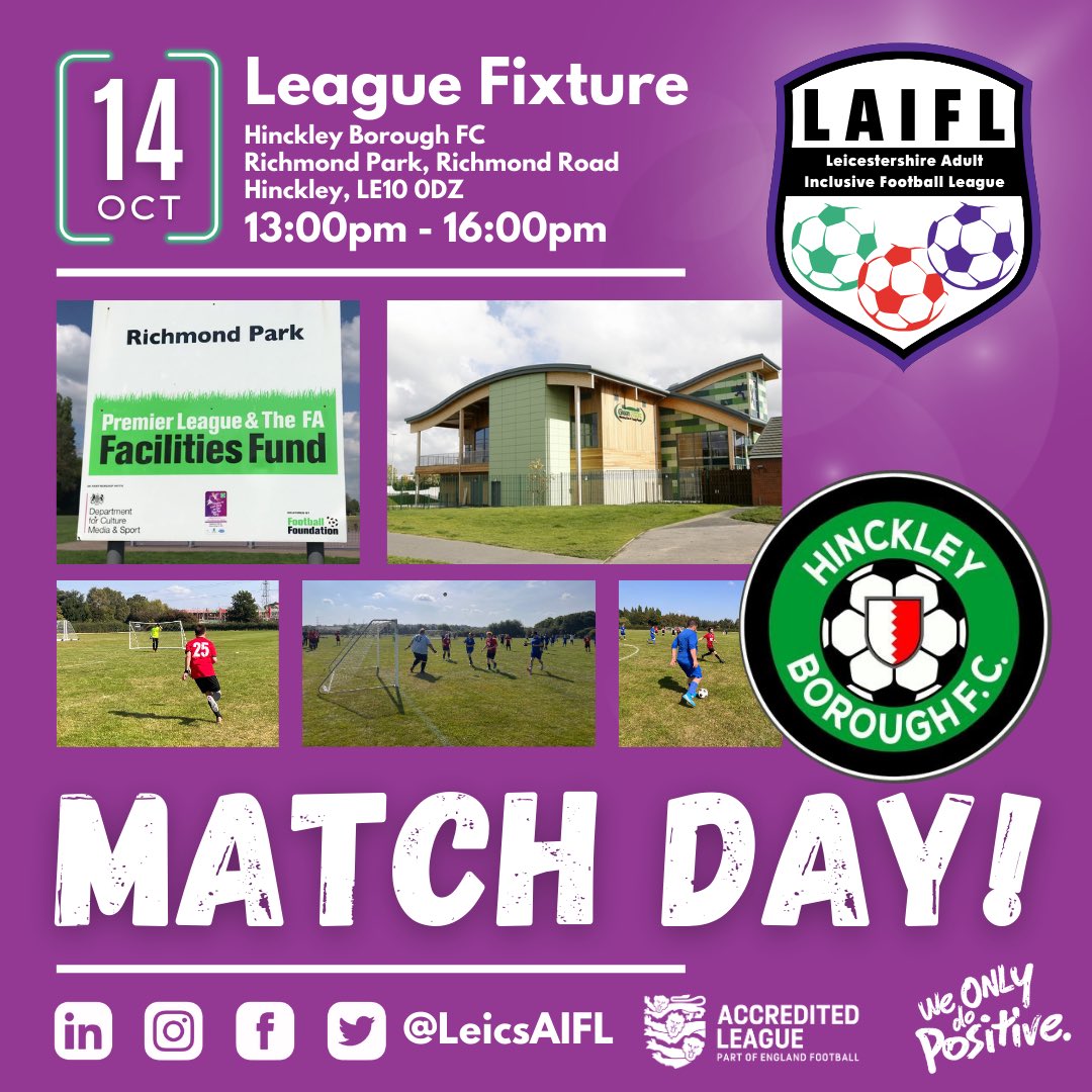 🚨IT’S THAT TIME AGAIN!! ⚽️🤩

Who’s ready for our next fixture of the season?

Hinckley Borough FC host this match day at Richmond Park and we’re looking forward to seeing you all there.

#LeicsAIFL #DisabilityFootball #InclusiveFootball #ParaFootball #Leicestershire