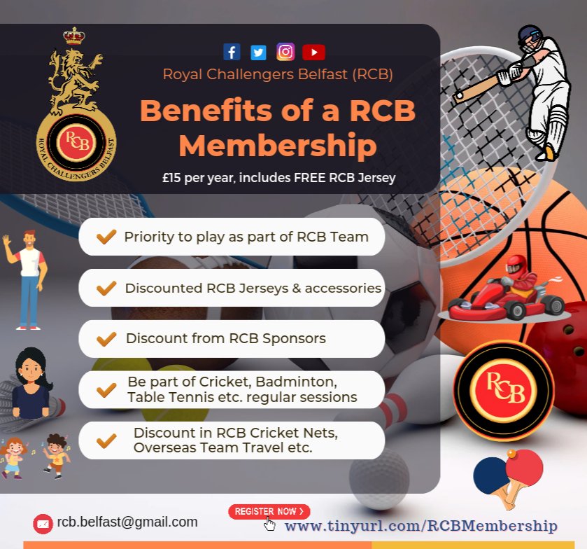 👑 𝐑𝐂𝐁 - 𝐌𝐞𝐦𝐛𝐞𝐫𝐬𝐡𝐢𝐩 𝐃𝐫𝐢𝐯𝐞, Kids &amp; Adults all are welcome. 

🪧 Register: tinyurl.com/RCBMembership

▪️We currently have members from 🇮🇳 🇬🇧 🇮🇪 🇵🇰 🇿🇦 🇪🇸  etc.

#royalchallengersbelfast #rcbbelfast #rcbcricket #rcbbadminton #royalpremierleague