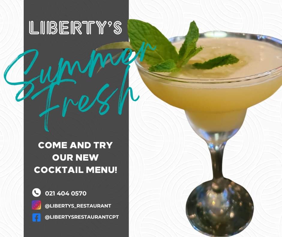 🍹Sip, Savor, and Celebrate the Season! Our new cocktail menu is here to add a burst of flavor to your sunny days. Join us at Liberty's Restaurant and let your taste buds dance! ☀️🥂

#SummerFresh #CocktailDelights #restaurant #cocktail #woodstock #capetown #lovecapetown