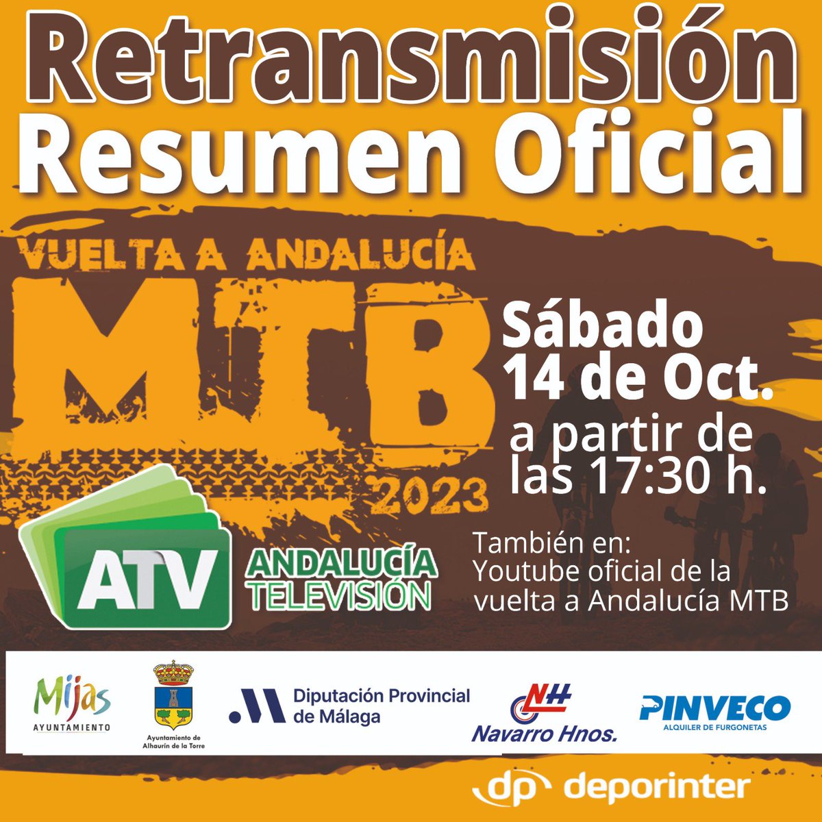📺 Este sábado 14 de octubre podremos disfrutar del resumen oficial de la Vuelta a Andalucía MTB a partir de las 17:30 en ATV Andalucía Televisión

🔗 También podrás verlo en el canal oficial de Youtube de la Vuelta Andalucia MTB