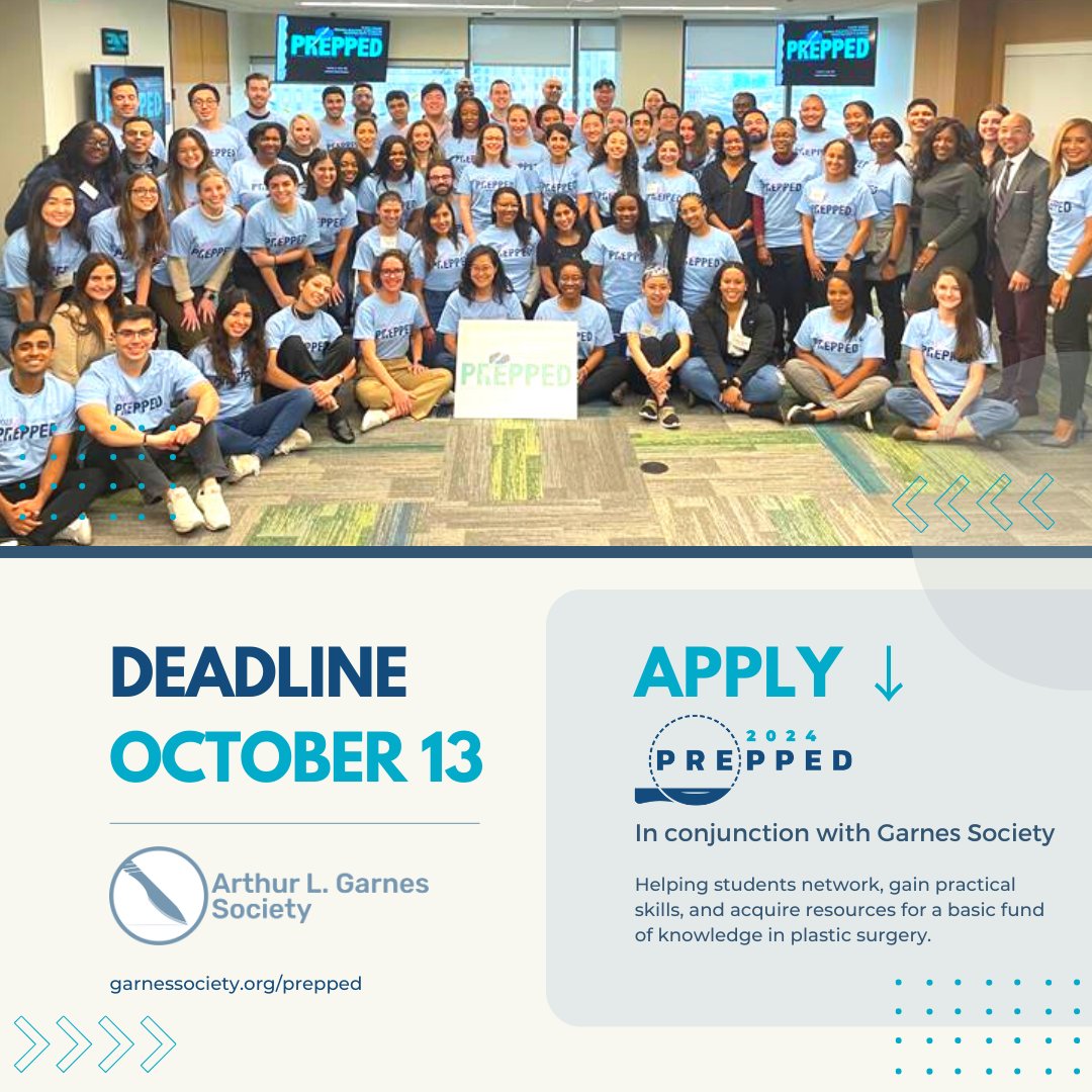 The Garnes Society is proud to be the primary sponsor of the PREPPED program. If you're doing your sub-internships in #plasticsurgery next summer, apply to participate in #PREPPED24 on February 22-23. The application deadline is this Friday, OCT 13th. ow.ly/f5JU50PS9Xw