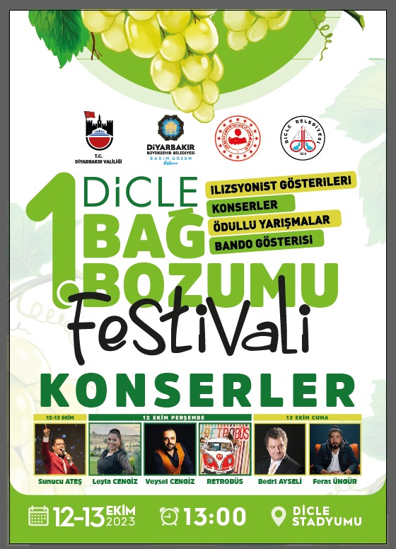 DİCLE' DE ŞENLİK VAR🧙🍓 1.Dicle Bağ Bozumu Festivali Başlıyor 📢 🎤Konserlerden 🥁 Bando gösterilerine ⏳ Yarışmalardan 🧙İllüzyon gösterilerine dolu dolu etkinlik sizleri bekliyor. Tüm hemşerilerimiz davetlidir. 🗒️ 12-13 Ekim 📍 #Dicle Stadyumu