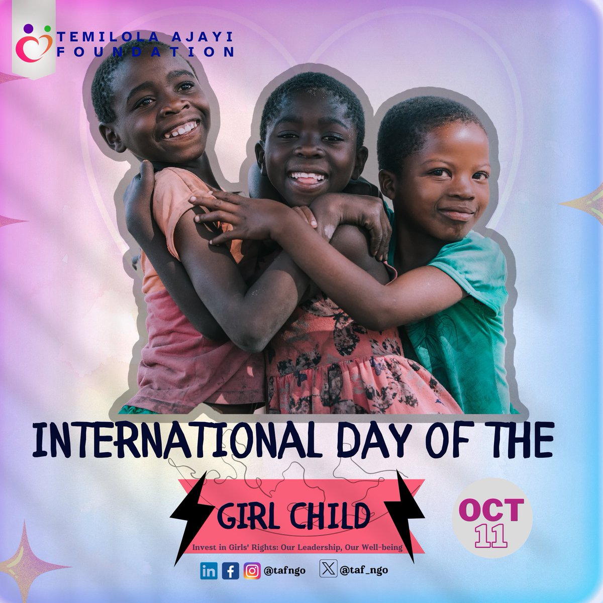As we celebrate the International Day of the Girl Child, let's remember that when we invest in girls' rights, we're investing in a brighter & more equitable future.

It starts with you!!

Happy International Day of the Girl Child

#GirlsRights  
 #GirlChildDay
#IDGC2023 
#LeadHer