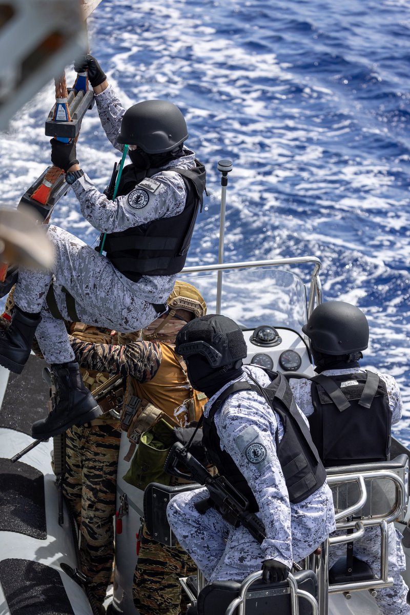 HMS_Spey's tweet photo. Playing the role of a contraband smuggling rogue fishing vessel during Ex #SamaSama23, we were tracked and subsequently boarded by a combined @USNavy and @Philippine_Navy Boarding Team. Our 5 man motley crew were duly questioned and apprehended. 🏴‍☠️🇬🇧🇵🇭🇺🇸☠️ #StrongerTogether https://t.co/0gEkdnsP6p