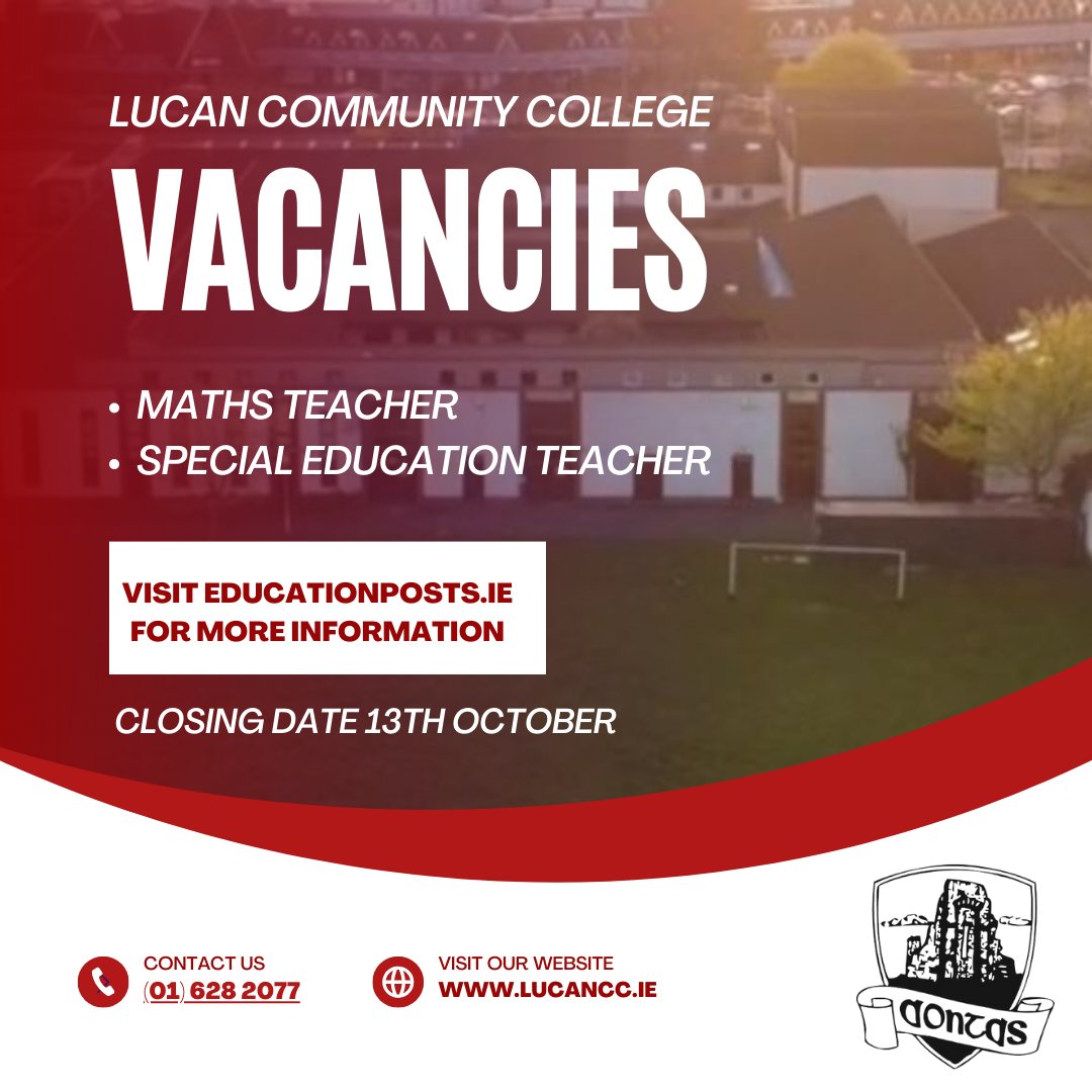 📢Lucan Community College are recruiting!📢 If you are interested in joining our vibrant and supportive school community please see current vacancies on educationposts.ie for more information. Closing date Friday 13th October. Visit our website lucancc.ie