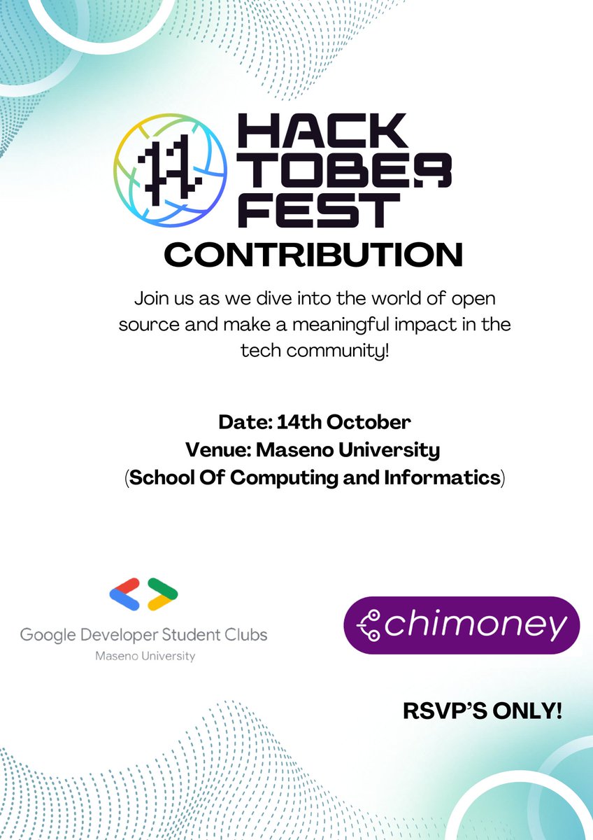 gdgoncampus_msu's tweet photo. 📢 Exciting News! Join us at Maseno University for a day of tech collaboration and innovation. 🚀 We're teaming up with @chimoney_io  for #Hacktoberfest Contribution on October 14, 2023. Let's code, learn, and inspire! #OpenSource 
Cc @___Leria https://t.co/xxp2rhWDGc