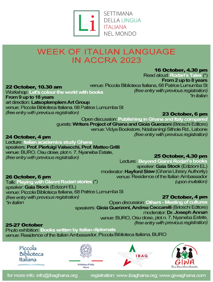 Upcoming events in 🇬🇭 on the occasion of the Week of the Italian 🇮🇹 Language in the World. Prossimi eventi in 🇬🇭 in occasione della Settimana della Lingua Italiana 🇮🇹 nel Mondo. 
To participate, sign up here:
Per partecipare, registratevi qui:
docs.google.com/forms/d/e/1FAI…
#SLIM2023