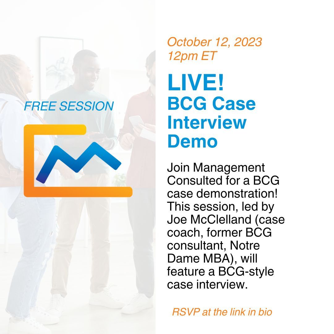 MConsulted's tweet image. Happening THIS Thursday at 12pm EST. Bring a pencil and paper so you can follow along with our candidate!  RSVP at the link below or in bio. 

bit.ly/3Q9aGg5 

#caseinterview #caseprep #bcg #bostonconsultinggroup #managementconsulting #managementconsultant