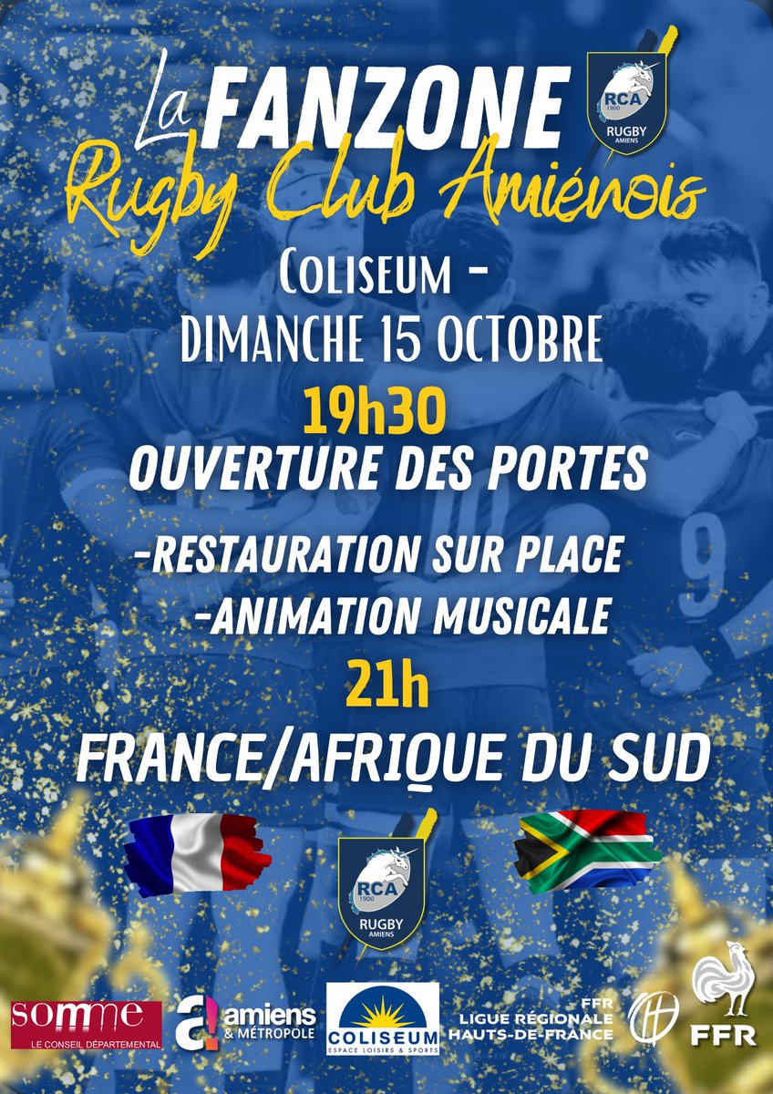 AmiensMetropole's tweet photo. [ #RWC2023 🏉 ] Coupe du monde de #Rugby : c'est déjà les quarts de finale 😮 Et si on vivait la rencontre France / Afrique du Sud ensemble ❓❗ Écran géant et ambiance festive au #Coliseum #Amiens 

📆 Dimanche 15 octobre dès 19h30 (match à 21h)
🆓 Gratuit https://t.co/8URwcnqsXc