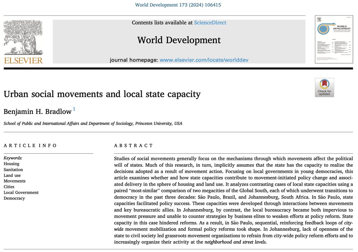 🚨NEW PUBLICATION! 🚨 In @WorldDevJournal, I compare the relationship between urban social movements and local state capacity in São Paulo and Johannesburg. doi.org/10.1016/j.worl…